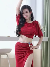 Stage Wear Lace Oriental Dancing Sari Urban Latin Clothes Solid Color Costume Belly Jazz Rhinestones Arab Woman Split Skirt Suit