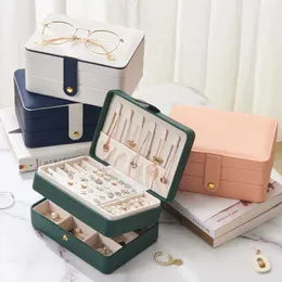 Newly Double Layer Jewelry Box Green Practical Earrings Necklaces Display High Quality Pu Leather Organizer for Women 230814