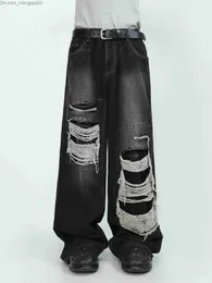メンズパンツ2023 mRnearlyアメリカンハイエンド穴あきジーンズ用男性のデザイン小さくてゆるいワイドレッグパンツヒップホップZ230815
