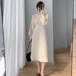 Casual Dresses Sweates Knitted Bodycon Women Clothing Elegant Warm O-neck Female One Piece Korean Pleated Midi Dress Autumn Winter 2023