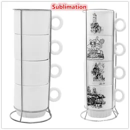 8オンスの昇華コーヒーマグ2つの空白の積み重ね可能なコーヒーマグカップラック磁器の積み重ね可能なカプチーノカップと、コーヒー、紅茶、ココアDIY用のメタルスタンド付きカプチーノカップ