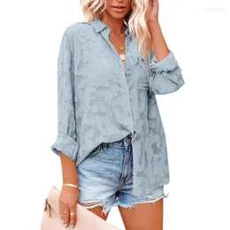 Kvinnors polos 2023 Spring/Summer Amazon Solid Cut Out Chiffon Jacquard Button långärmad skjorta kvinnor