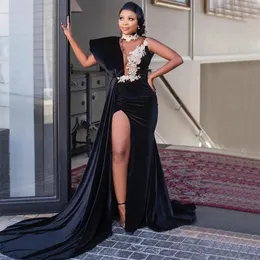 Sexy schwarze Abendkleider Meerjungfrau Samt Spitze Applikation Plus Size Ballkleider afrikanische Aso Ebi Frauen