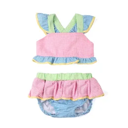 Roupas Conjuntos de roupas Chegada Baby Girl Swimsuites Seersucker Strip Toddle Girls Filria Biquíni Apró triturador de banho de arco de arco de banho 230814