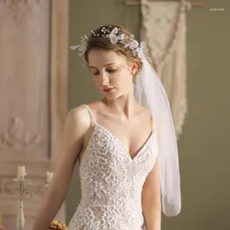 Brautschleier Schleier mit Boho -Blumenkrone eine Schicht Schnittkante Tüll zierliche Perlen dekorierte Schleife kurz für Mädchen Dropship