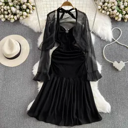 Casual Dresses Two Pieces Set för Woman Mesh Sheer Summer Dress Women V-ringning Vestidos Elegantes Female Vintage French Style Dropship