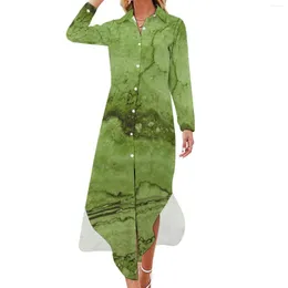 Casual Dresses Green Abstract Moss Dress Granite Marble Stylish Long Sleeve Cute Ladies V Neck Graphic Overized Chiffon