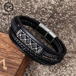 Charm Bracelets Punk Mens Handmade Leather Multilayer Stainless Steel Accessories Magnetic Clasp Wristband Fashion Jewelry Male Gifts 230814