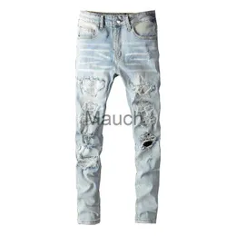 Herren Jeans Herren leichte Indigo Ripped Streetwear Mode Dünne beschädigte Löcher mit Rhinone Slim Fit Stretch Distelteddoyed Jeans J230814