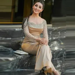 Exquisite Crystal Mermaid Evening Dresses Square Neck Long Sleeve Arabic Dubai Formal Gown Pleat Satin Robes de Soiree