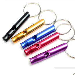 Nyckelringar Lanyards Mix Colors Mini Aluminium Alloy Whistle Keyring Keychain för utomhus akutöverlevnad Säkerhet Sport Cam Hunting64 DH2GM