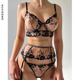 Sexig uppsättning Ectooko 2022 broderi Sexig underkläder Kvinnor Tunn transparent spetsar Push Up Bh Set See Through Underwear 3 Pieces HKD230814