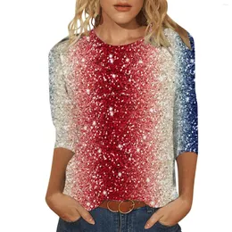 Blouses feminina Independence Day Blusa Summer Round Round Discurs Sete manga Camisa de bandeira americana Estrela estampa encantada com pacote ousactive Mulheres tops