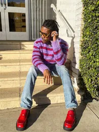 Blusas masculinas y2k roxo listrado suéter masculino Hip Hop Warm Streetwhear