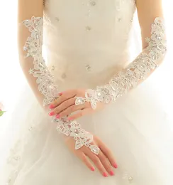 Längd lång bröllopsklänning handskar kristaller diamant gasbind broderi elegant kvinnor spets brudhandskar