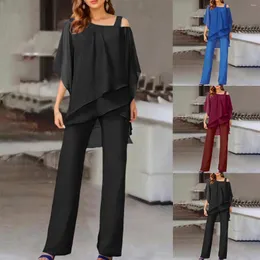 Kadınlar İki Parçalı Pantolon Düzensiz Hem Şifon Katmanlı Elbiseler Gömlekler Geniş Bacak Setleri Seksi Sling Omuz Bluz Küpe Kıyafetleri Vintage