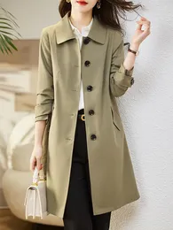 Kvinnors dike rockar ftlzz vårens höst kvinnor mode singel breasted long lady elegant casual lapel fast color jacka coat