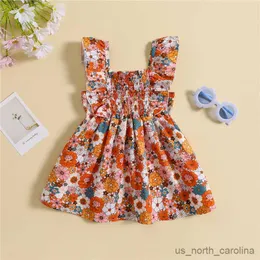 Vestidos de menina Crianças roupas 2023 Verão meninas vestido bebê manga quadrada pescoço flor/folhas estampar verão vestido A-line R230815