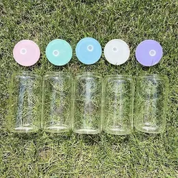 Replaced Colored Plastic Lids for 16oz Glass Tumbler Blank Clear Frosted Glass Mason Jar Libby Can Cooler Cola Beer Food Cans 5 Colors