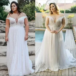 2023 Nuovi abiti da sposa ad arrivo in pizzo Applique Sleevelette Plus size Abiti da sposa una cerniera di treno a spalla da spalla da sposa abito da sposa