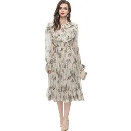 Women's Runway Dresses O Neck Long Sleeves Printed Ruffles Lace Up High Street Fashion Mid Calf Vestidos
