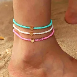 Anklets 3PCs 6PCs Bohemian Women Anklet Colorful Round Heart Beaded Chains Anklet Brelets Barefoot Sandals Foot Summer Beh Jewelry J230815