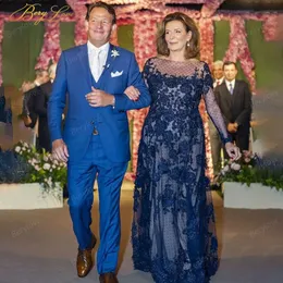 Aplikacja plus w rozmiarze sukienka koronkowa iluzja z długim rękawem Vintage Blue Mother of the Bride sukienki Weddna sukienka dla gości