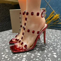 Crystal PVC Sandals for Women Colorful Rhinestone Square Aberto Aberto do Salto Alto Verão Sexy Ladies Vestido Sapatos