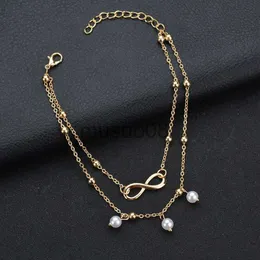 Fußkettchen Boho Doppelschichten Perle Anhänger Anklets für Frauen Goldfarbe Herz Infinity Knöchel Bret Foot Jewelry Cessories J230815