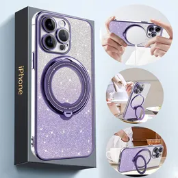 Bling Glitter Gradient Rotatable Ring Stand Clear Magsafe Magnetic Shockproof Cases With Camera Lens Film Protector for iPhone 15 14 13 12 11 Pro Max Samsung S23 Ultra