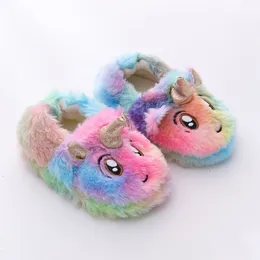 Slipper Winter Unicorn Slippers Kids Criança menina Flip Flop Filize Slides de Peles Sapatos Indoor Sapatos Quente Casa Fluffy Crianças 230815