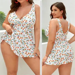 Women's Swimwear 2023 Large Size Siamese Small Floral Printing Swimsuit High Waist Conservative Gathered Padded Beachwear