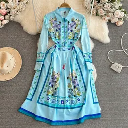 2023 Wiosenna sukienka Blue Vintage Modna moda osobowość europejska i amerykański styl sądowy nadruk w talii plisowana sukienka