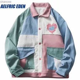 Элфик Eden Color Block Patchwork Corduroy Heart Varcity Jacket Y2K Hiphop Streetwear 2023 Осень Harajuku повседневная куртка Hkd230815
