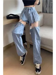 Dżinsy damskie Harajuku Streetwear Pantalones de Mujer Odłączany patchwork pusta workowate solidne punkowe gotyckie swobodne wiosenne jesienne spodnie