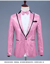 Män s kostymer blazers rosa paljett en knapp klänning märke nattklubb prom män passar jacka bröllop scen sångare kostym bowtie inkluderar 230815