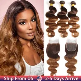 Ombre Body Wave Bundles with Closure Brazilian Human Hair Weave Bundles with Closure T4/30 Colored Bundles with Lace Closure