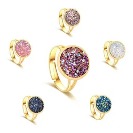 With Side Stones Fashion Jewelry Luxury Sier Gold Druzy Ring 12Mm Bling Round Resin Stone Adjustable Rings For Women Ladies Jewellry Dh0Kp