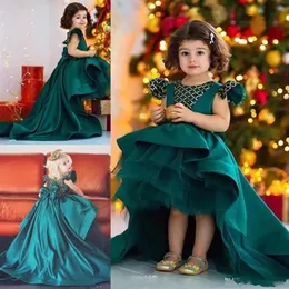 Hunter Green High Low Flower Girl Vestres para Cetin Cetin and Organza Girls Pageant Duns Big Bow Bowler Kids Birthday Party Dr273Q