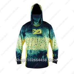 Utomhus T-shirts Pelagic Fishing Hoodie Shirt Men's Long Sleeve Fishing Shirt UV Protection Hooded Face Mask Fishing Clothing Camisa de Pesca 230814