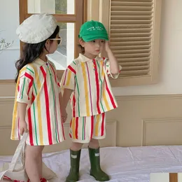 ملابس الملابس 5667C شقيق وأخت الملابس 2023 الصيف كوريا الأطفال s striped sup sup bress فستان أو صبي اثنين قطعة dro dhume
