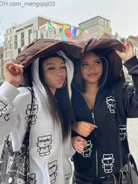 Męskie bluzy bluzy Nowe południowokoreańskie słodkie kreskówki Kitten Print Zipper Harajuku High Street Lace Casual Vintage Loose Hoodie Sports Z230817