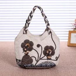 Sacchi da sera con spalla da fiore retrò femmina lino di legno grande capcity borsetti casual manico da viaggio marchi mother sac bolsa