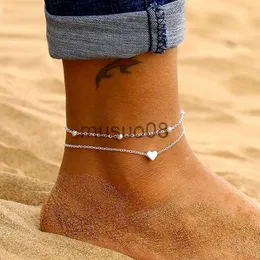 Anklets Wukalo Två lager kedja hjärtstil Silverfärg Anklets för kvinnor Brelets sommar barfota sandaler smycken på fotben J230815