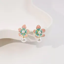 Stud Earrings Sweet Cute Oil Dropping Flower Pearl Women's Light Luxury Temperament Accessories Fashion All-match Jewelry Trend