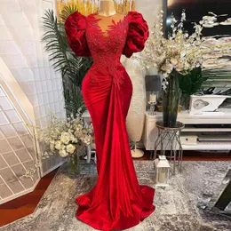 ASO EBI Red Velor Beading aftonklänning med puffhylsor Afrika Brudapplikationer sjöjungfrusk klänningar plus storlek Formell parti Gow 328 328