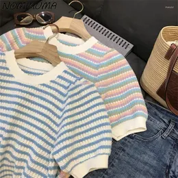 Women's Sweaters Nomikuma 2023 Summer Thin Knitted Tops Korean Hit Color Striped Pullover Knitwear Causal Puff Sleeve O-neck Short Woman