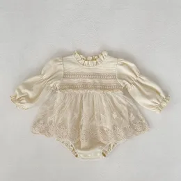 ROMPERS INS Born Baby Girl Kleid Strampler Langarm Spitzenspitzenbodysuit Waffelmuster S Prinzessin Herbst Kleidung für 0 24m 230814
