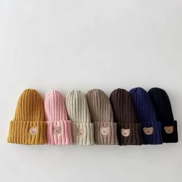 CAPS HATS Korea Spring Autumn Kids Boys Hat Candy Color Baby Boys Knit Hat Baby Girls Bear Head Brodery Kids Sticked Hat 230814
