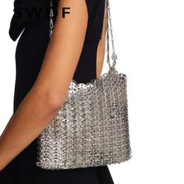 Evening Bags Fashion Silver Metal Sequin Shoulder Designer Metallic Chains Crossbody Bag Luxury Party Small Purses 2023 230814